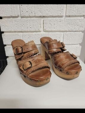 Bed Stu Brown Leather Scalloped Buckle Clog Mules